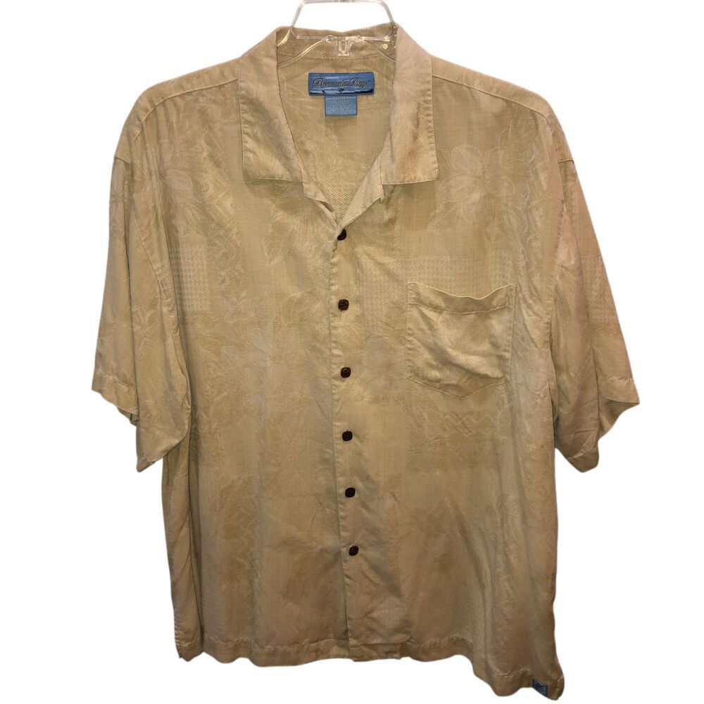 Bermuda Bay Mens Size XXL Beige Tropical 100% Silk Jacquard Hawaiian Camp Shirt